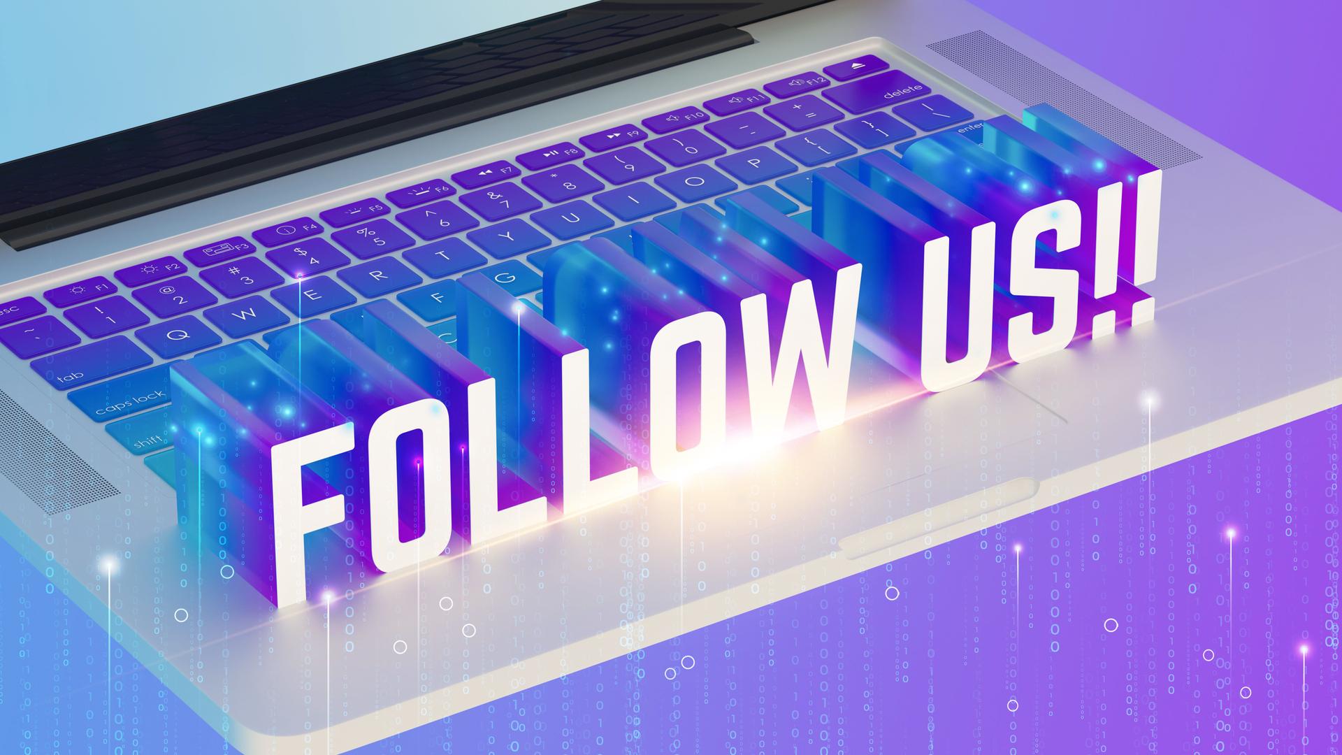 FOLLOW US text, laptop keyboard, purple and blue gradient, glowing effect, digital matrix background, isometric view, sparkling particles, 3D render.